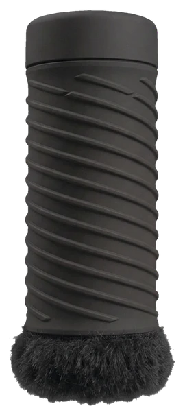 The GrizEars recorder: a dark ribbed cylinder, the same housing as the GrizCam battery, with a fur windscreen at its base.