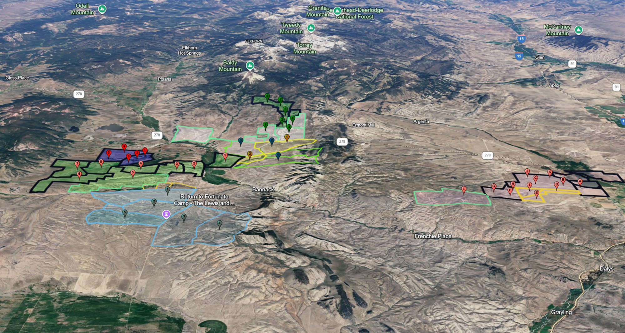 Satellite map of the project area with grazing-allotment boundaries and monitoring points overlaid
